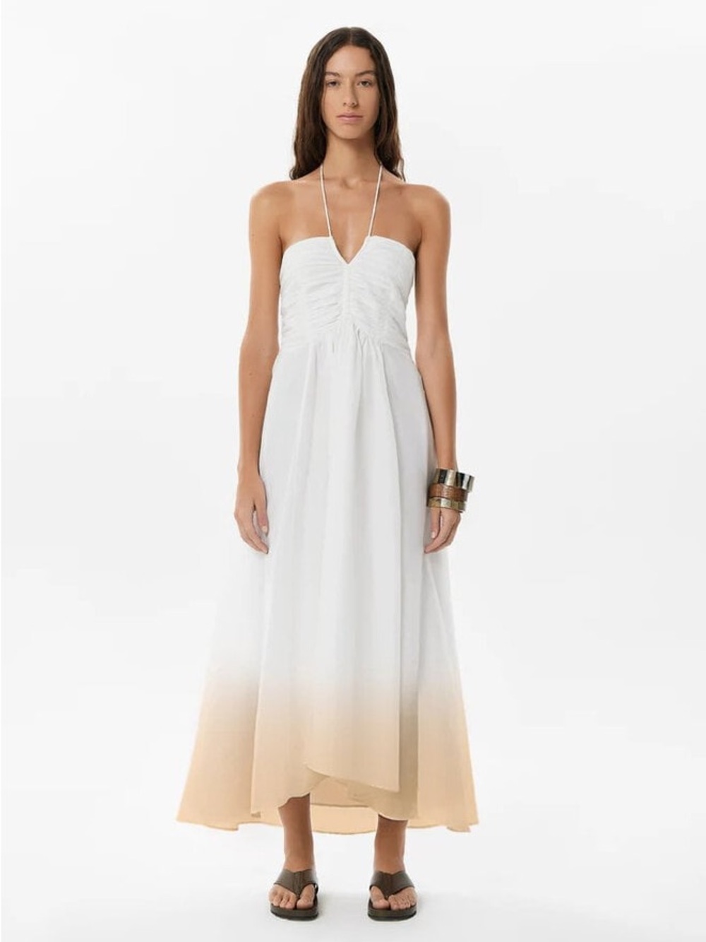 Strapless White to Tan Ombre Halter Maxi Dress